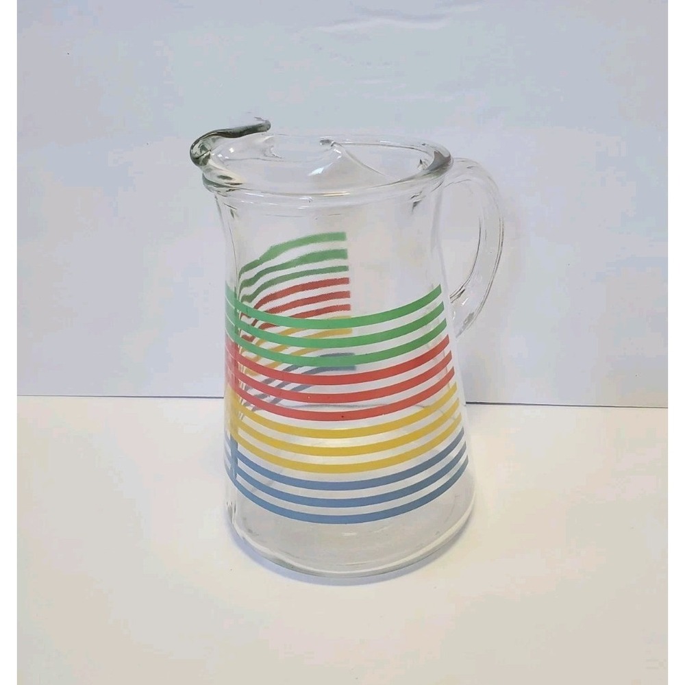 Vintage Pastel Striped Ice Lip Water Pitcher Anchor Hocking Libbey Style Glass
